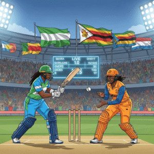 Sierra Leone Women vs Zimbabwe Women players in action during a cricket match with a vibrant stadium atmosphere.