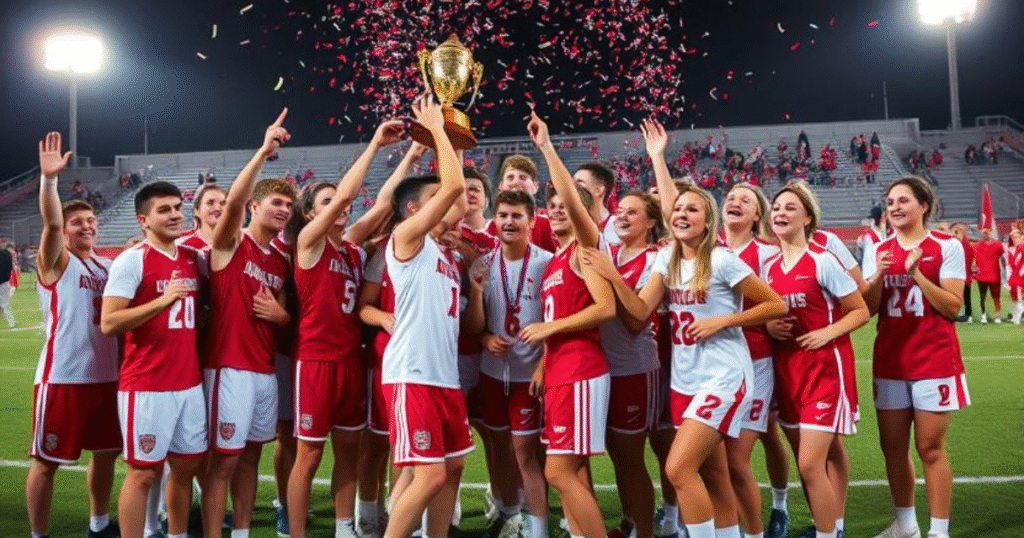 Jamesville DeWitt sports teams celebrating championships with trophies and medals