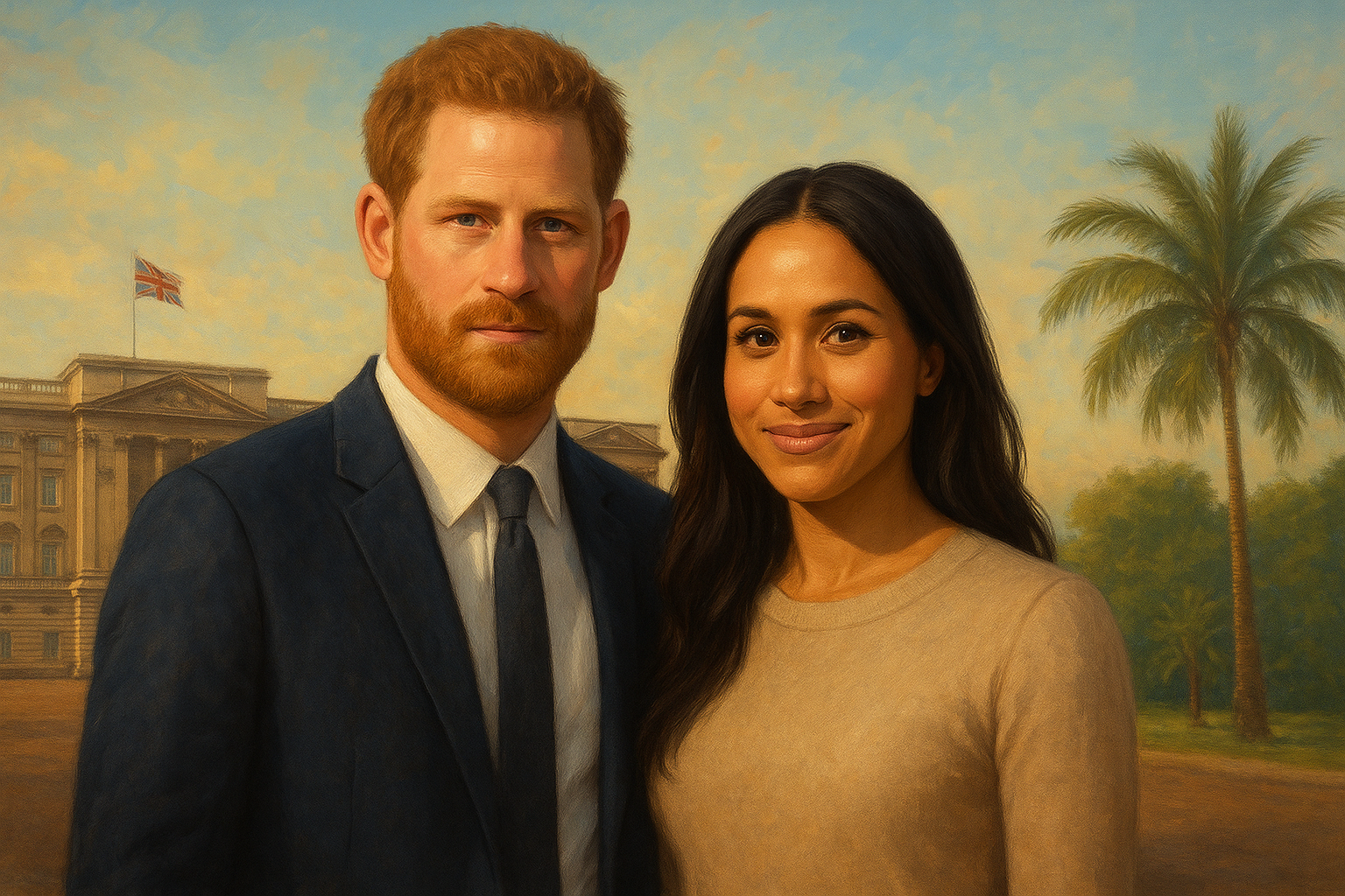 Prince Harry and Harry and Meghan Newsin a modern digital illustration representing royal family updates.