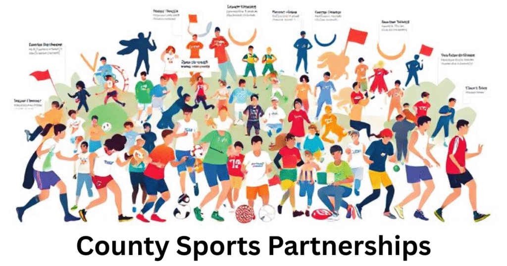 Community sports illustration showing County Sports Partnerships with athletes, schools, and councils working together in England.