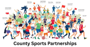 Community sports illustration showing County Sports Partnerships with athletes, schools, and councils working together in England.
