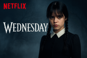 Jenna Ortega as Wednesday Addams in Netflix’s poster for Season 2, highlighting what time does Wednesday come out on Netflix worldwide.