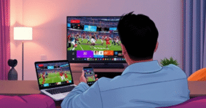 Person watching NBA and NFL games on TV, laptop, and smartphone with modern sports streaming interface