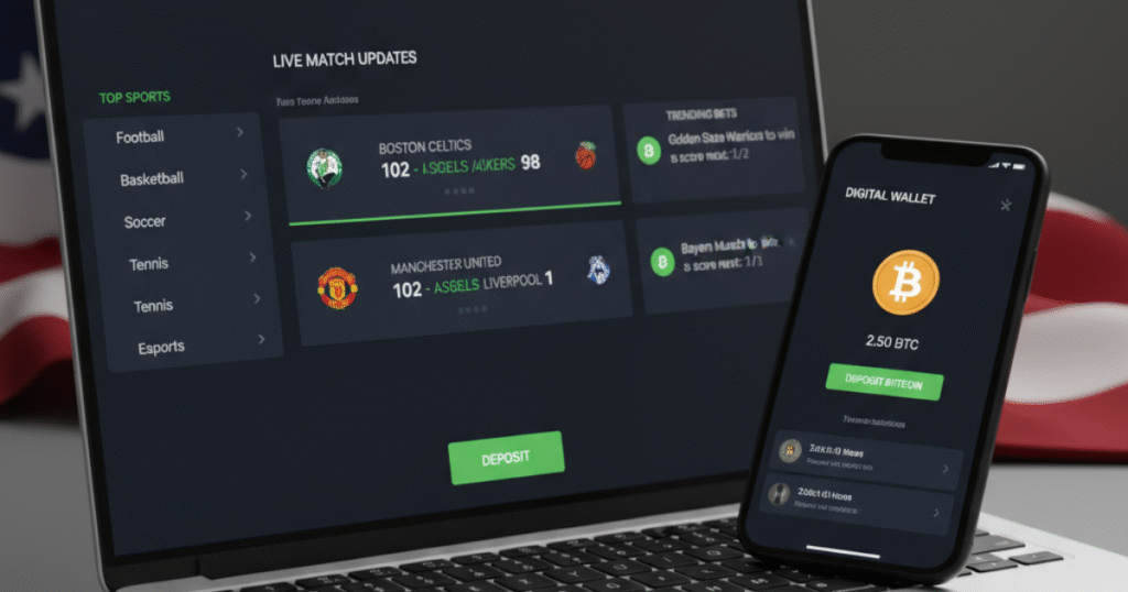 Bet Any Sports sportsbook interface on laptop and smartphone with USA flag and Bitcoin wallet.