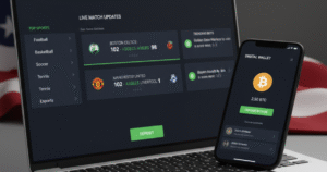Bet Any Sports sportsbook interface on laptop and smartphone with USA flag and Bitcoin wallet.