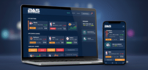 BetAnySports sportsbook digital illustration showing betting odds and promotions on mobile and desktop.