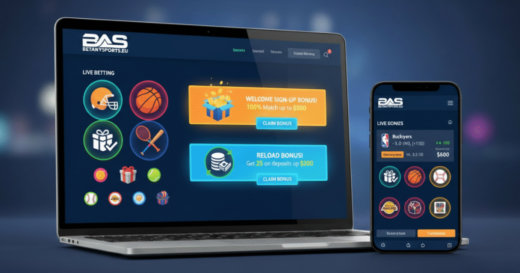 BetAnySports online sportsbook showing welcome bonus banners and promotional offers for new users.