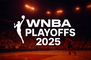 WNBA Playoffs 2025 game preview with teams battling on the court under bright arena lights.