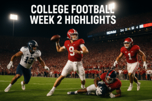 College football Week 2 highlights with players in action, fans cheering, and dramatic stadium scenes.