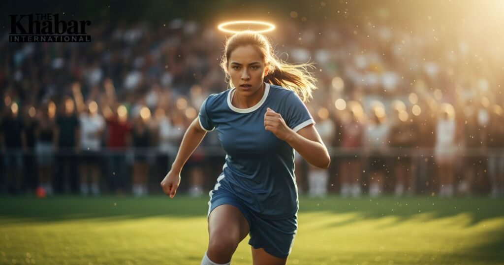 Young athlete playing passionately on a sunlit field, symbolizing playing for God’s glory.