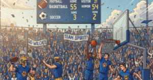 High school athletes playing football, basketball, and soccer with fans cheering in the stands and a scoreboard in the background.