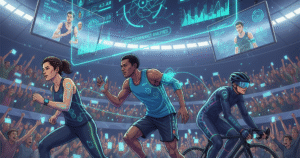 Athletes using wearable devices in connected sport for performance tracking, with live stats displayed digitally while fans follow along on mobile devices.