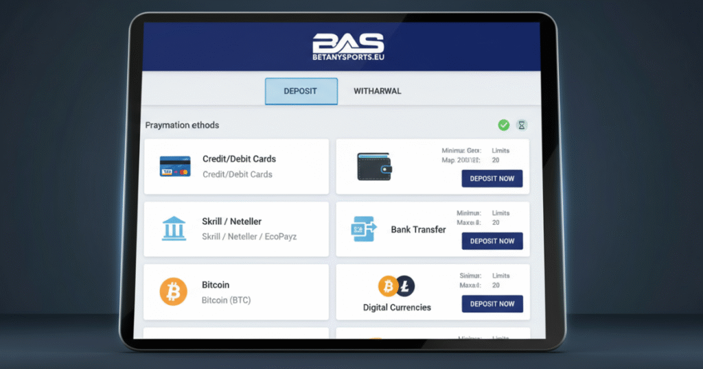 BetAnySports deposit and withdrawal options displayed on an online sportsbook platform.