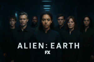 Alien: Earth cast standing in a futuristic corridor with Sydney Chandler, Timothy Olyphant, and others under moody sci-fi lighting.