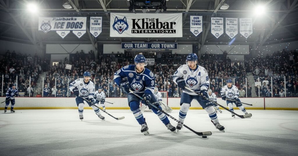 Fairbanks Ice Dogs hockey team playing on the ice with fans cheering