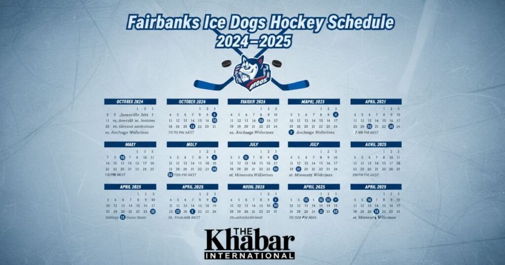 Fairbanks Ice Dogs Hockey Schedule 2024–2025 calendar with team logo and ice rink theme