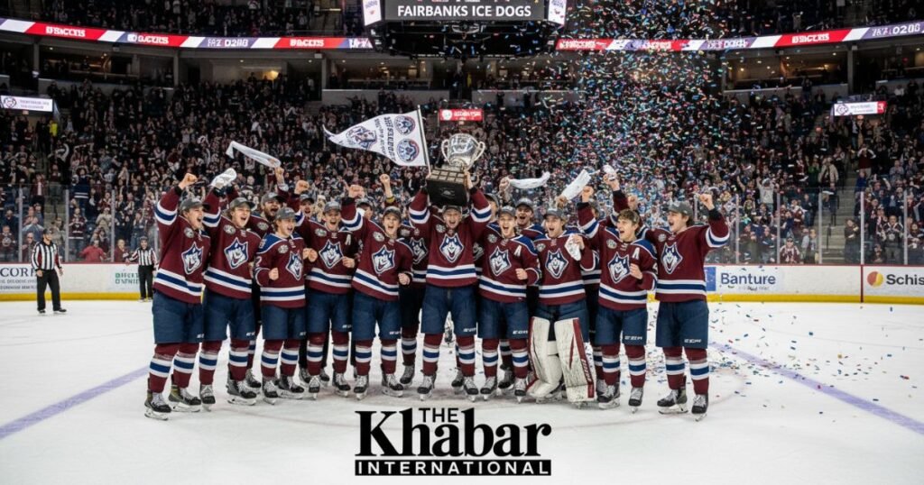 Fairbanks Ice Dogs celebrating NAHL achievements on the ice