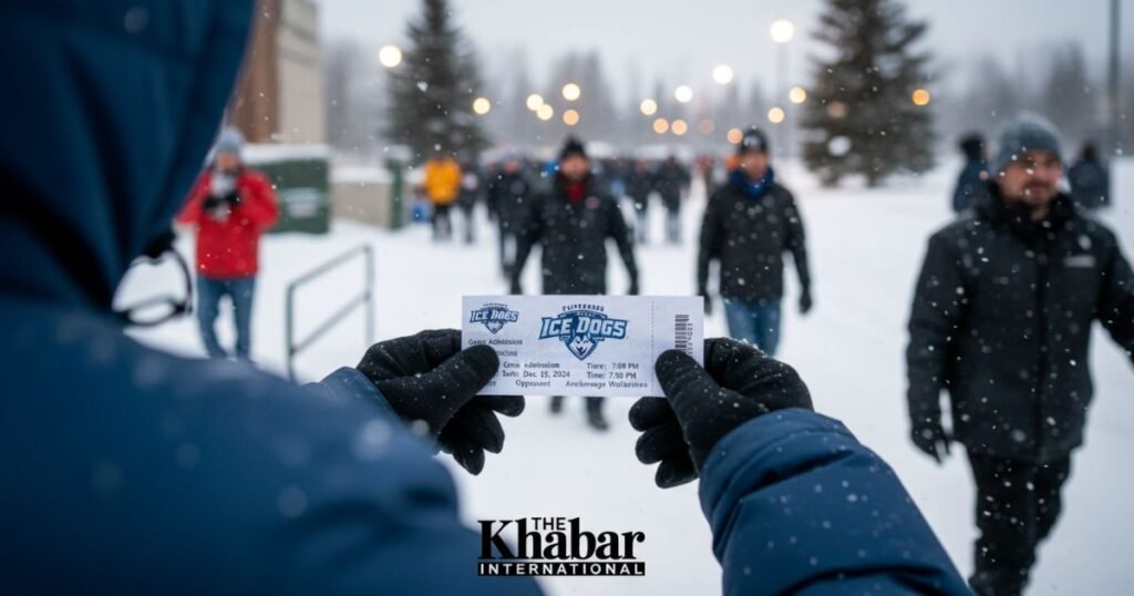 Fan with Fairbanks Ice Dogs hockey ticket in Fairbanks Alaska.