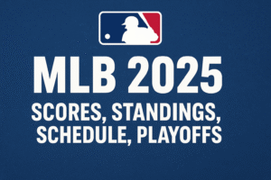 High-resolution digital graphic of MLB 2025 schedule and scores with glowing scoreboard, baseball players in action, and bold text ‘MLB 2025 Schedule & Scores