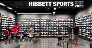 A high-resolution digital photo of a Hibbett Sports store interior displaying sneakers, apparel, and sports gear with customers shopping.