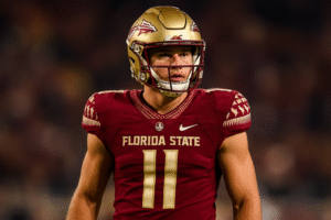 Florida State linebacker Ethan Pritchard in team uniform during a college football game