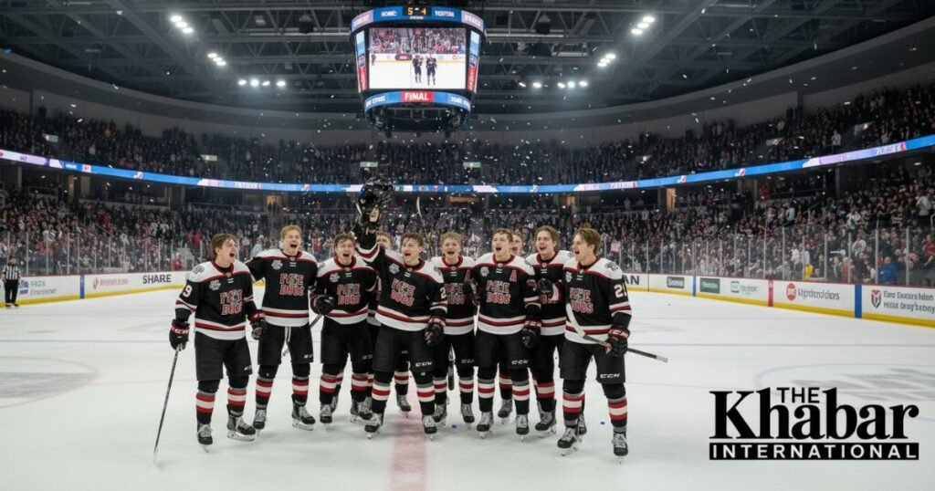 Fairbanks Ice Dogs hockey players celebrating a win