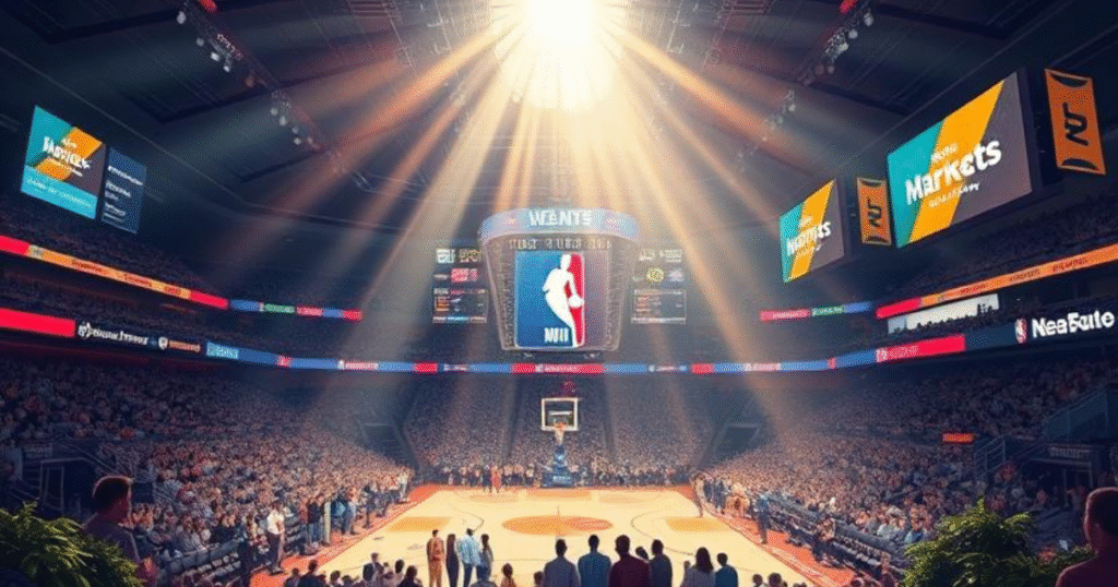 Illustration showing small-market NBA teams compared to big-market teams with advertising and revenue differences.