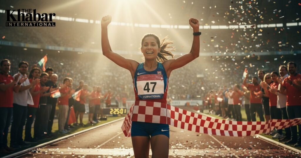 Athlete finishing a race victoriously, representing James 1:12 about the reward for perseverance.