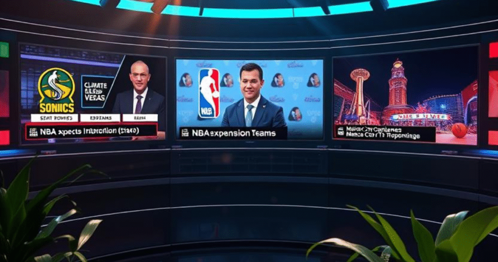 News-style graphic highlighting Seattle SuperSonics, Las Vegas NBA expansion, and Mexico City updates.