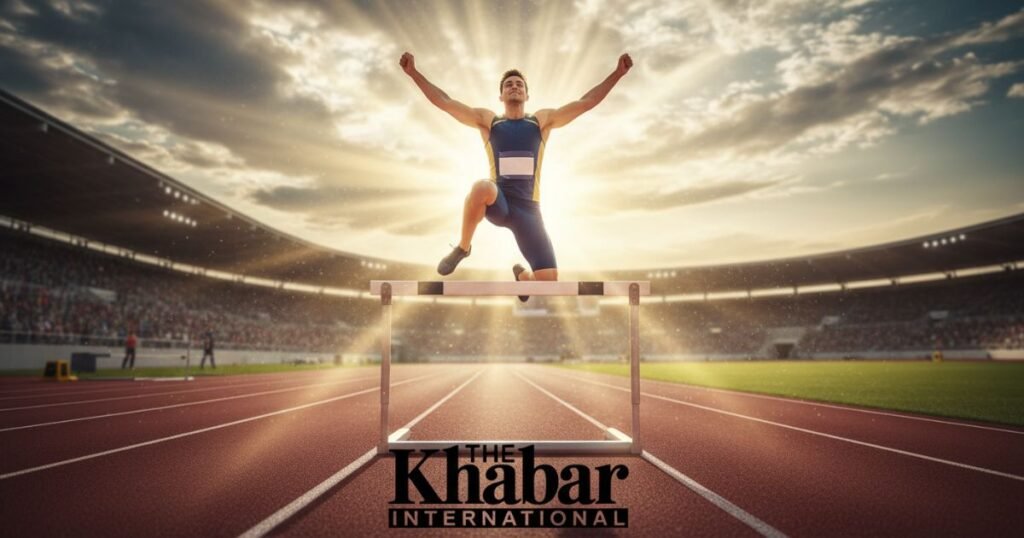 Athlete overcoming a challenge on the track, symbolizing that with God all things are possible, inspired by Matthew 19:26.