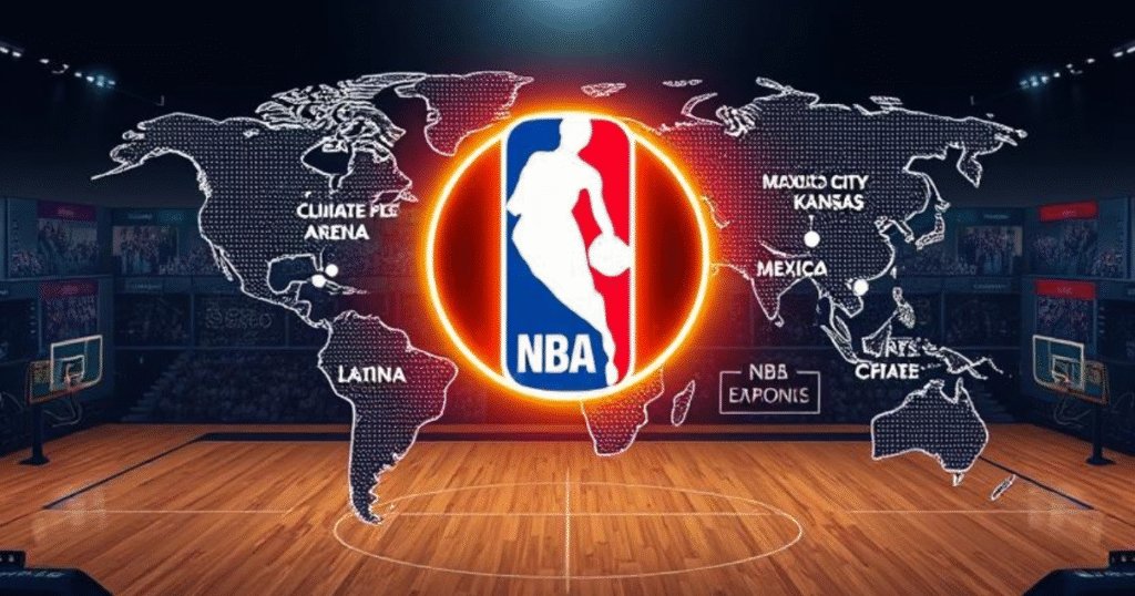 NBA expansion concept map with highlighted cities Seattle, Las Vegas, Mexico City, and Kansas City featuring arenas and skylines in 4K.