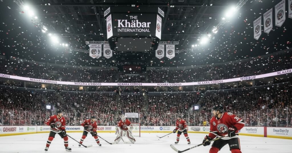 Niagara IceDogs hockey team competing on the rink during a game