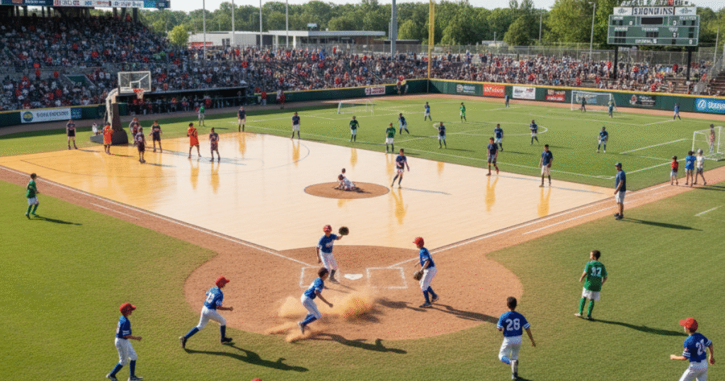 Children and teenagers playing multiple sports like baseball, basketball, and soccer in a USA sports stadium.