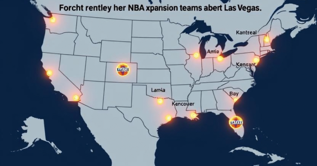 Map of North America with highlighted cities like Kansas City, Montreal, Tampa Bay, Louisville, Vancouver, and Virginia for NBA expansion.