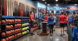 Wide-angle view of a Play It Again Sports store interior showing neatly arranged shelves of new and pre-owned baseball, basketball, golf, and soccer equipment with friendly staff assisting customers