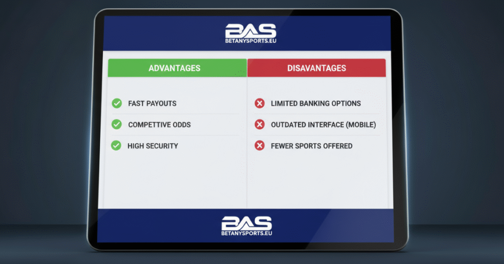 BetAnySports sportsbook showing pros and cons of the platform with advantages and disadvantages highlighted.