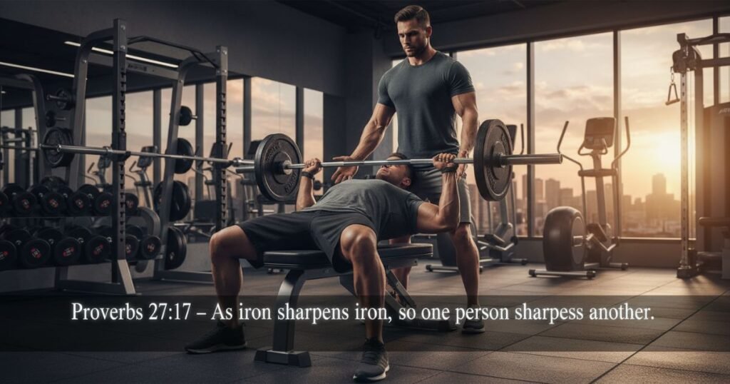 Athletes sharpening each other through teamwork inspired by Proverbs 27:17.