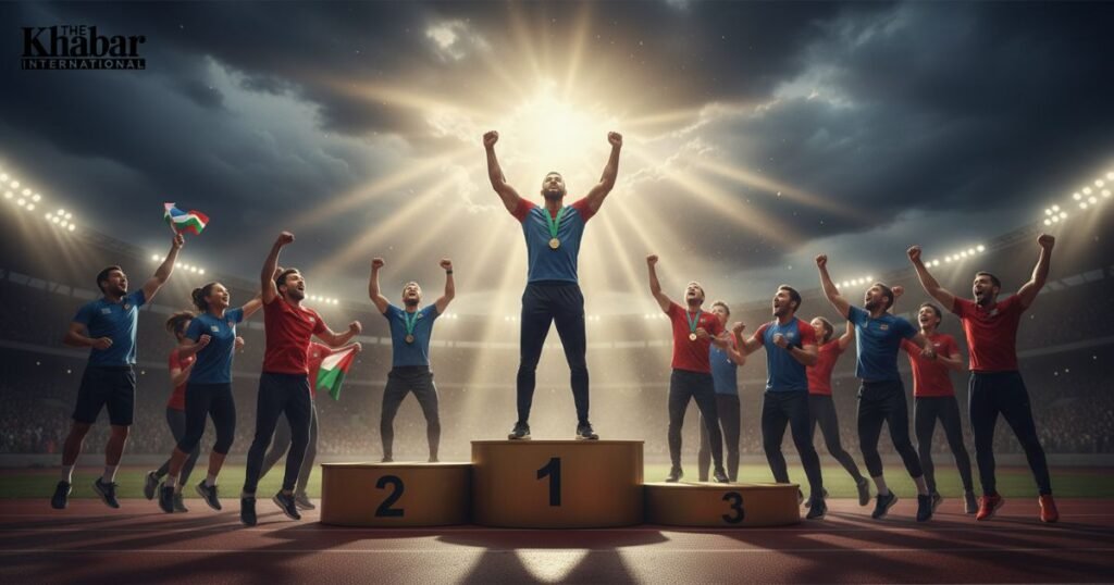 Athlete celebrating victory, symbolizing being more than a conqueror, inspired by Romans 8:37.