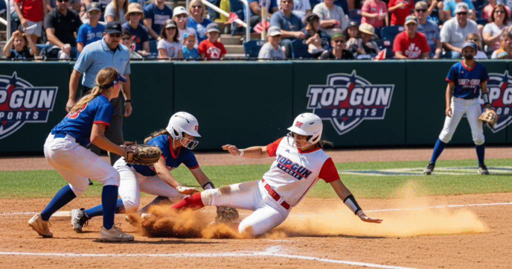 Youth softball players competing in a Top Gun Sports tournament with coaches and spectators cheering