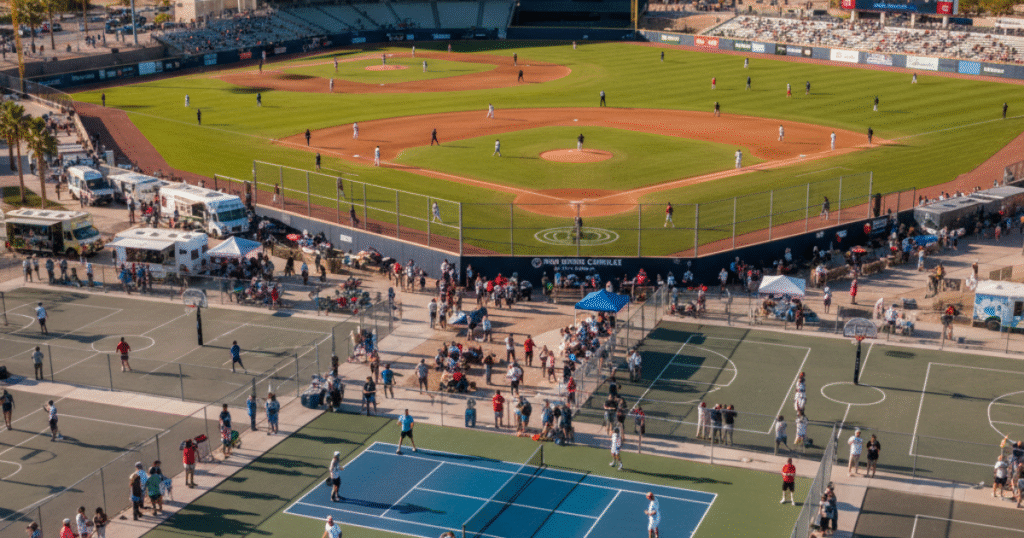 Kino Sports Complex in Tucson, Arizona with baseball and soccer fields, Pickleball courts, and spectators enjoying a sunny day