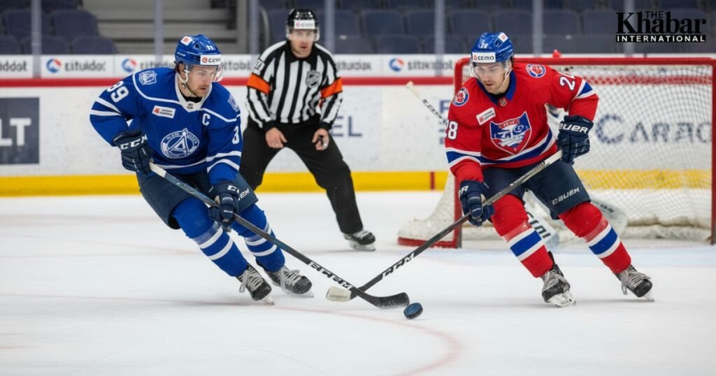what is icing in hockey? Puck sliding across the ice with players racing to avoid an icing violation in hockey.