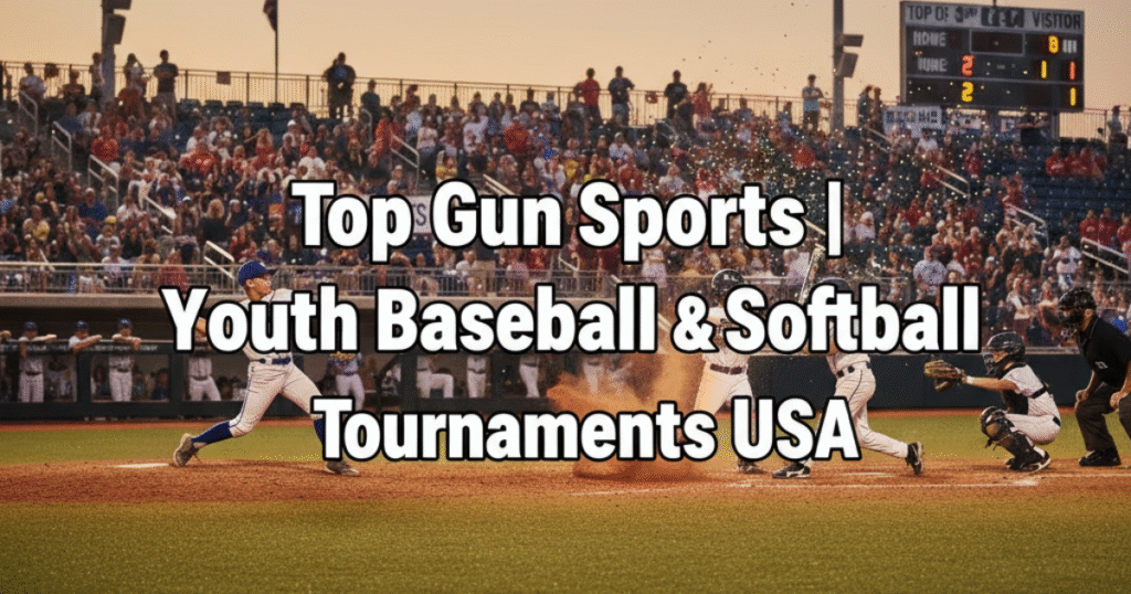 Youth players in a Top Gun Sports baseball tournament USA with title overlay