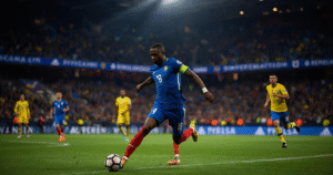 Ukraine vs France football match action with players battling for the ball