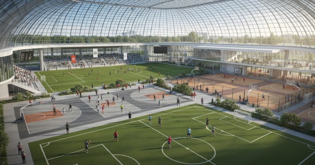 Volks Sport training center with athletes playing football and basketball