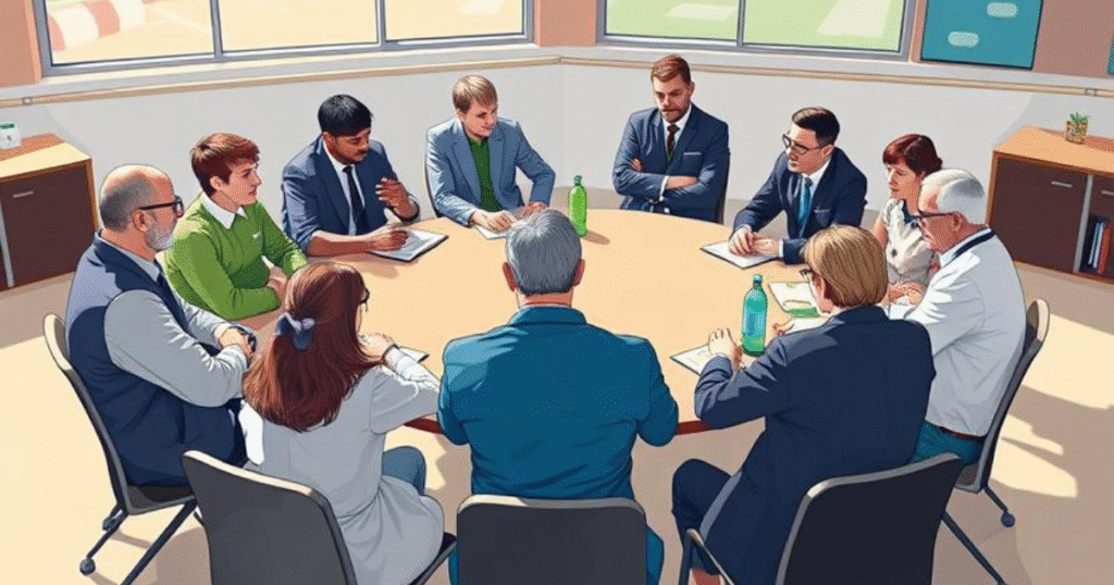 Illustration of County Sports Partnerships showing councils, schools, and coaches collaborating on community sports projects.