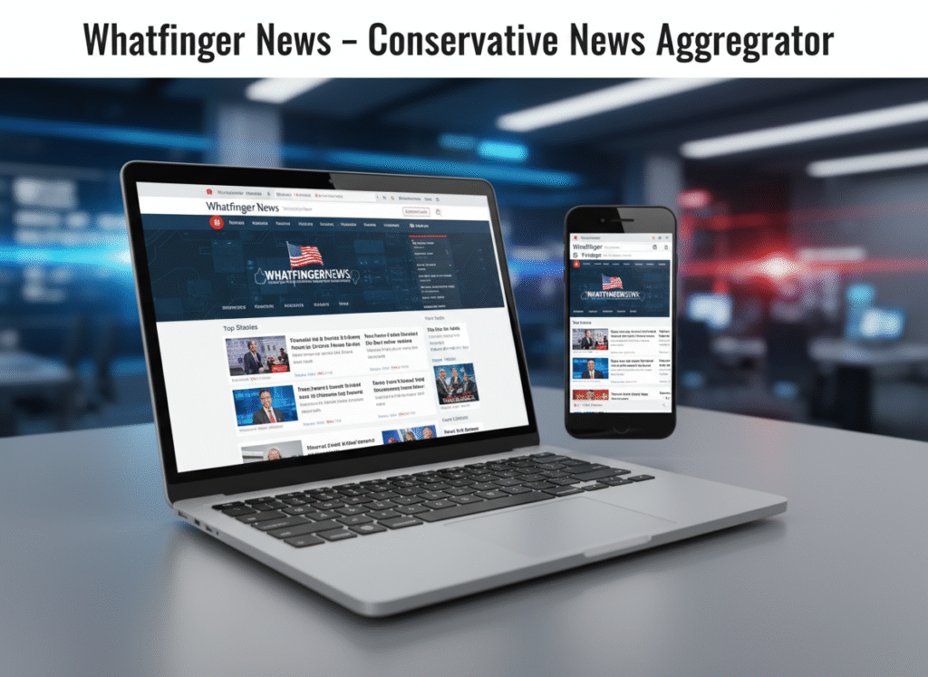 Featured image of Whatfinger News homepage on laptop and smartphone with digital newsroom background, Discover-friendly 1200px wide banner.