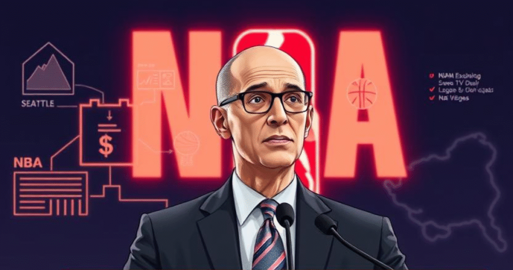 Adam Silver discusses NBA expansion with visuals of revenue, TV deals, and franchise value in a press conference setting.