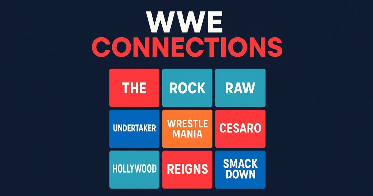 Puzzle-style WWE Connections game graphic with colorful blocks in red and blue theme.