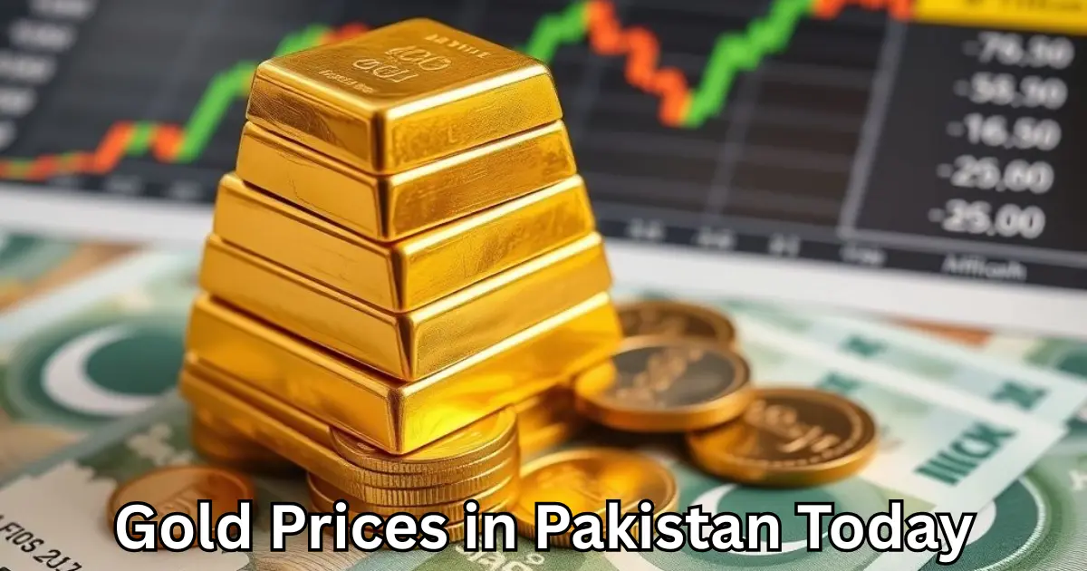 Gold bars and coins on Pakistani rupee notes showing gold price trends.