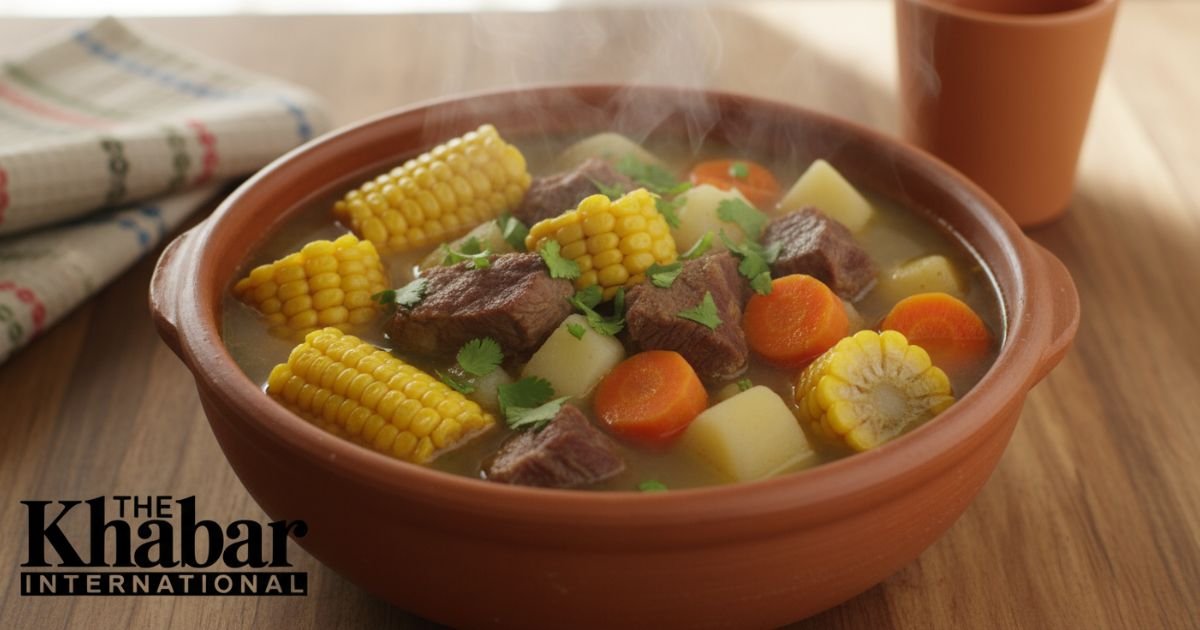 Traditional Sopa Venezolana with beef, corn, plantains, and vegetables in a rustic bowl.